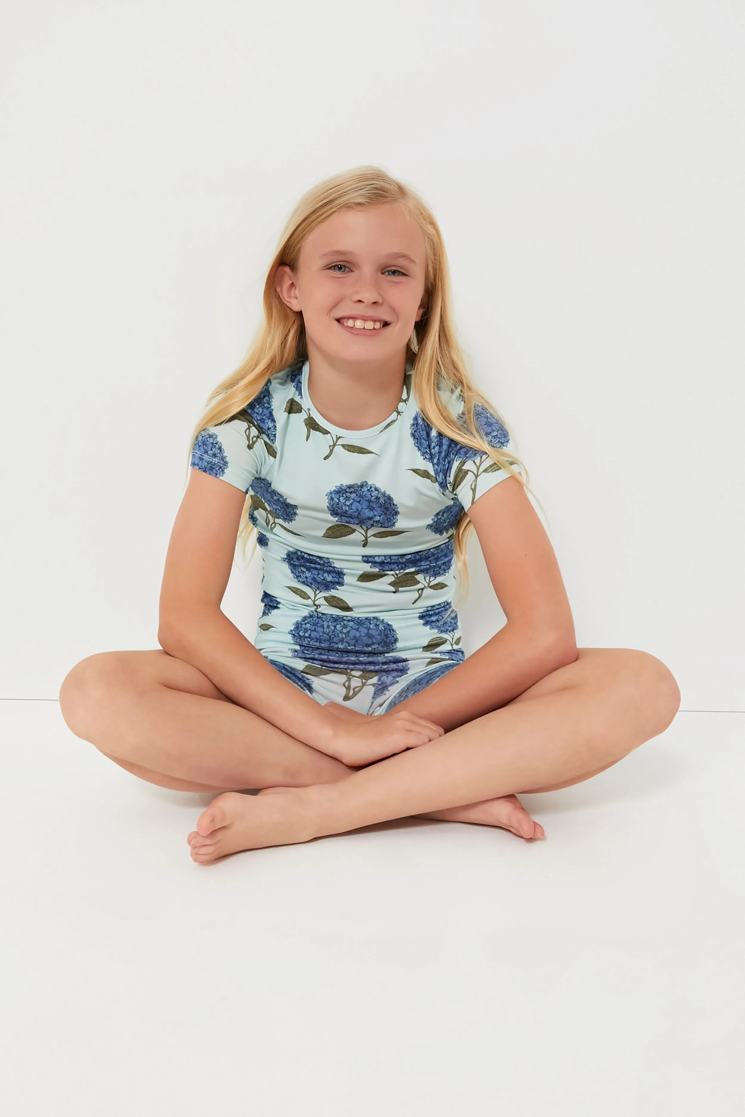 Light Blue Hydrangeas Kids Bamboo Short Sleeve PJ Set
