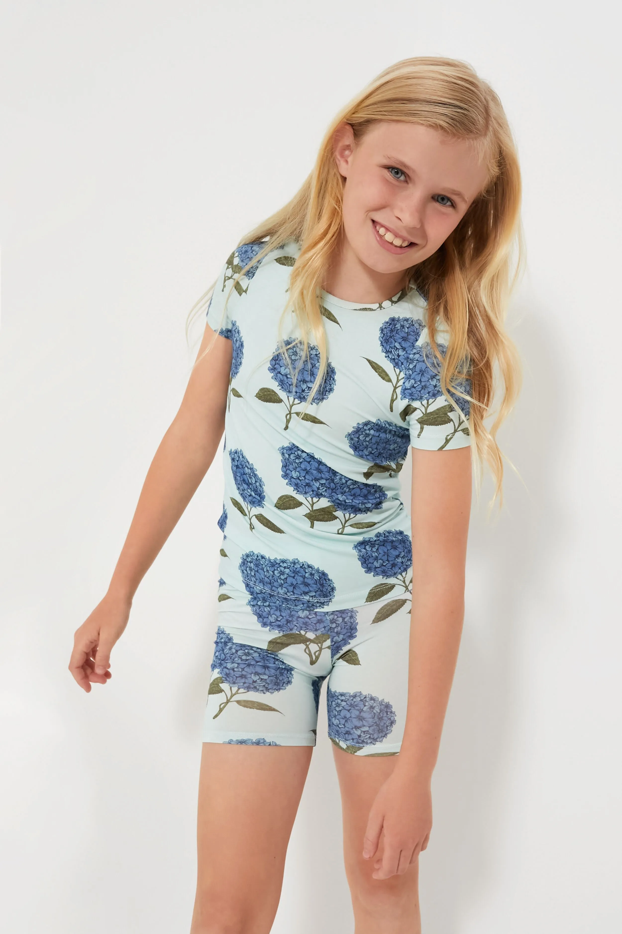Light Blue Hydrangeas Kids Bamboo Short Sleeve PJ Set