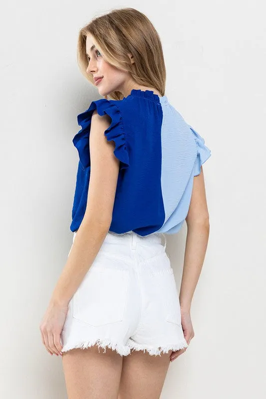 Lt Blue/Blue Game Day Ruffle Sleeveless Woven Blouse Top
