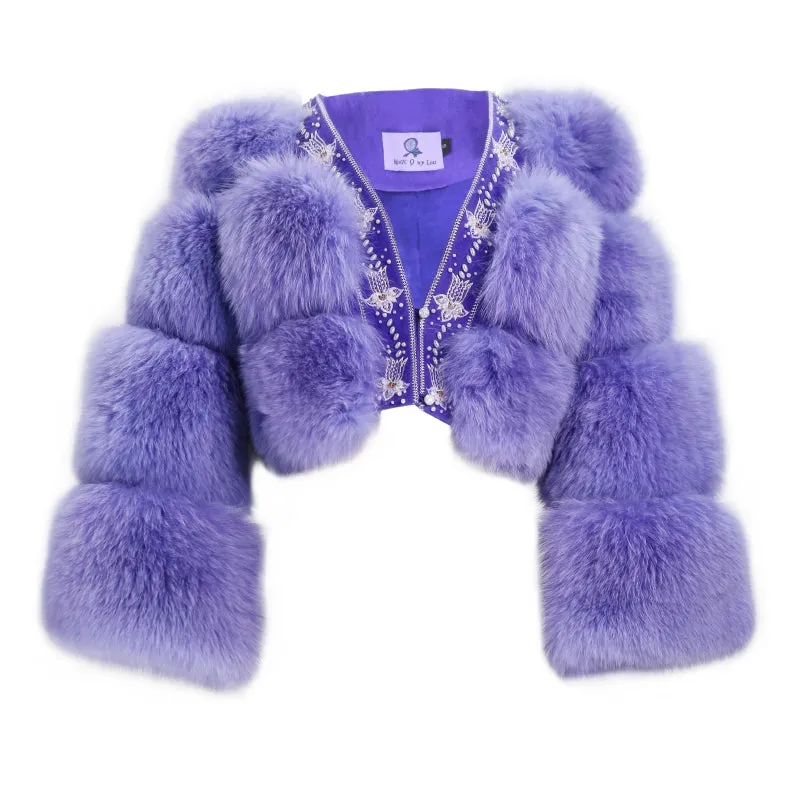 Magic Q's exclusive elegant purple heavy embroidered fox fur short coat - uiew