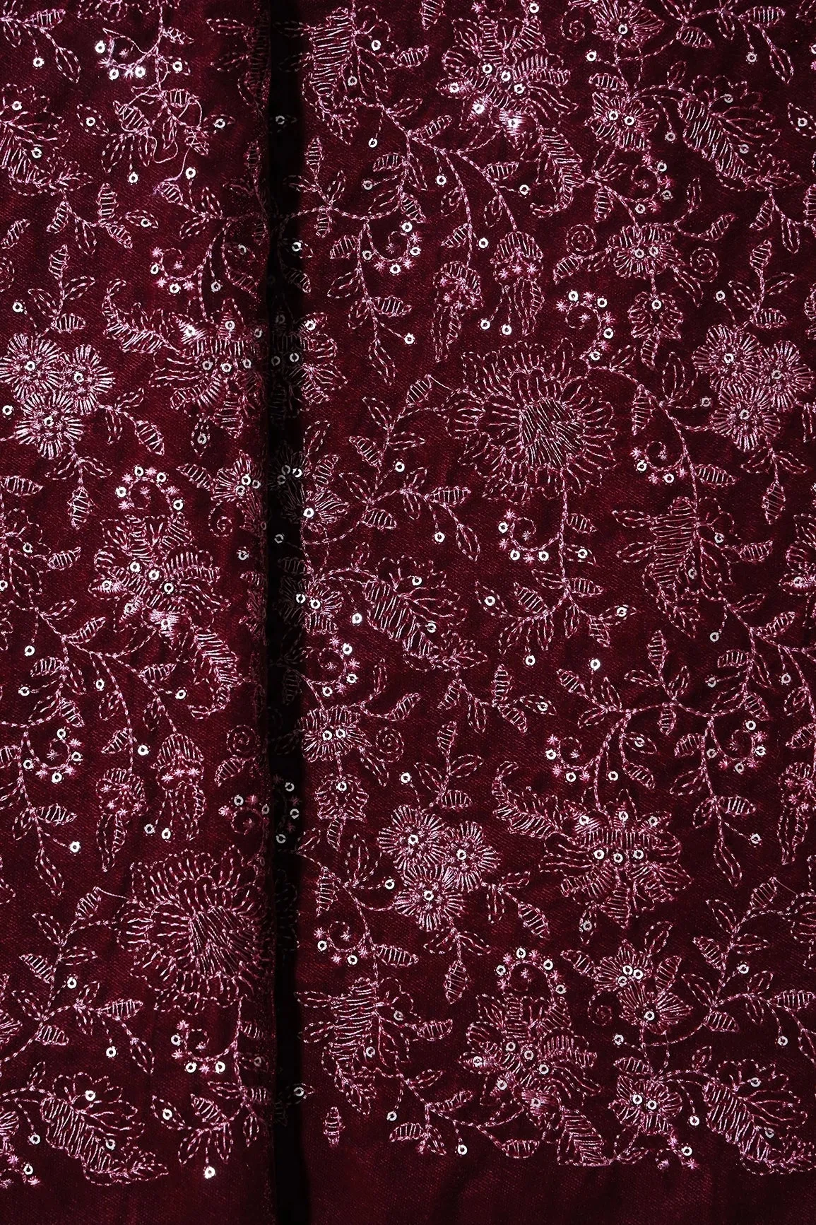 Maroon Thread With Gold Sequins Floral Embroidery Work On Maroon Velvet Fabric