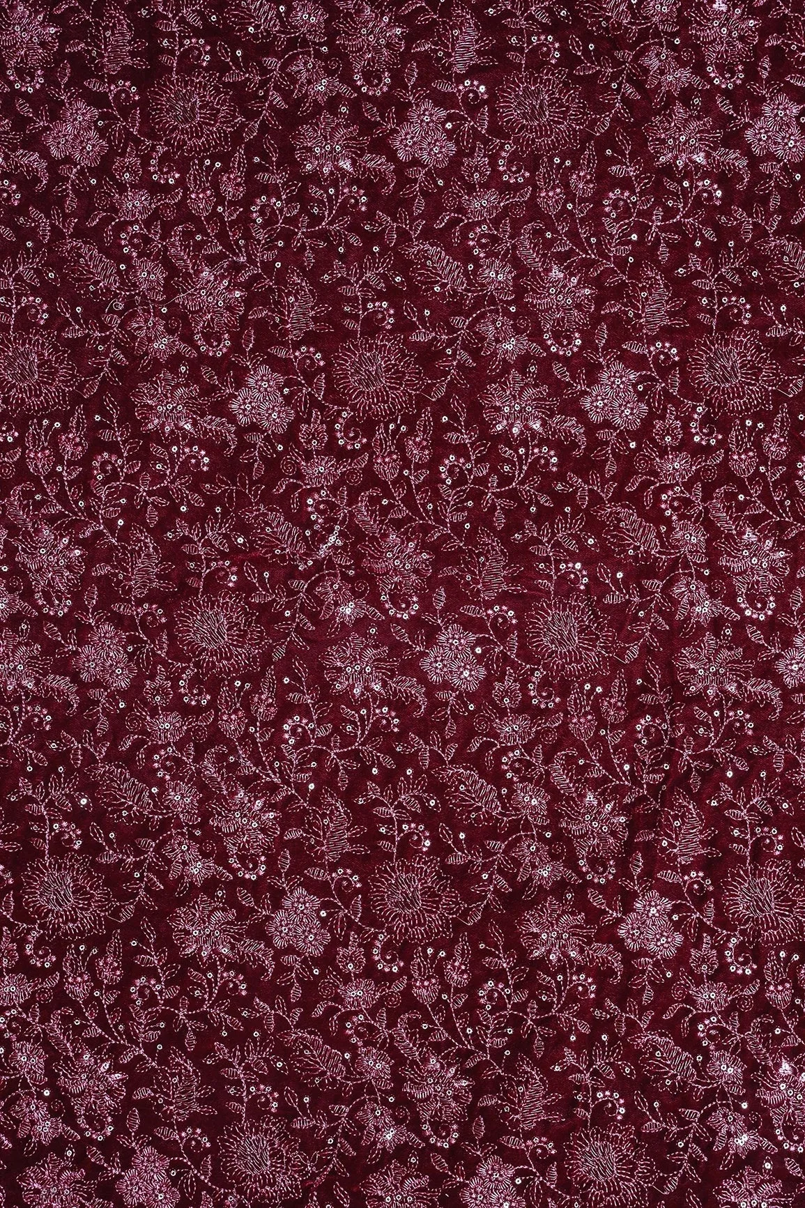 Maroon Thread With Gold Sequins Floral Embroidery Work On Maroon Velvet Fabric