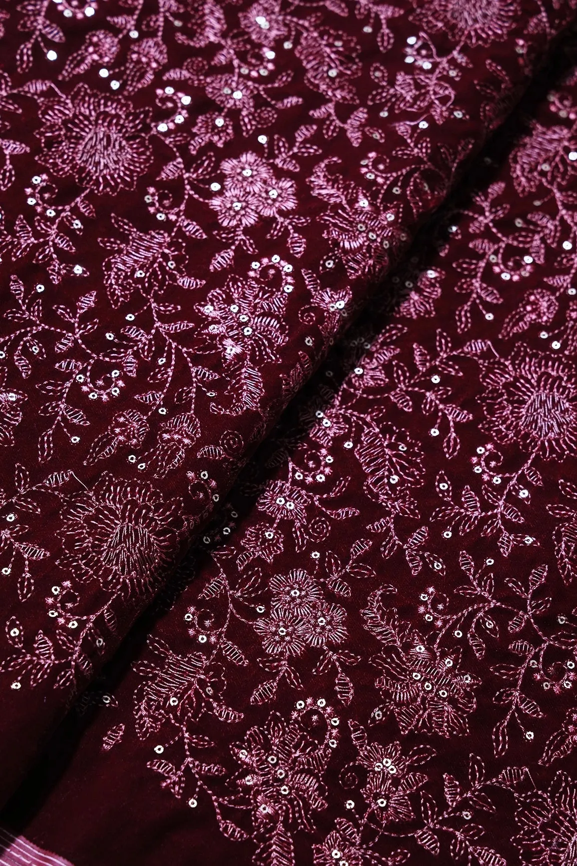 Maroon Thread With Gold Sequins Floral Embroidery Work On Maroon Velvet Fabric