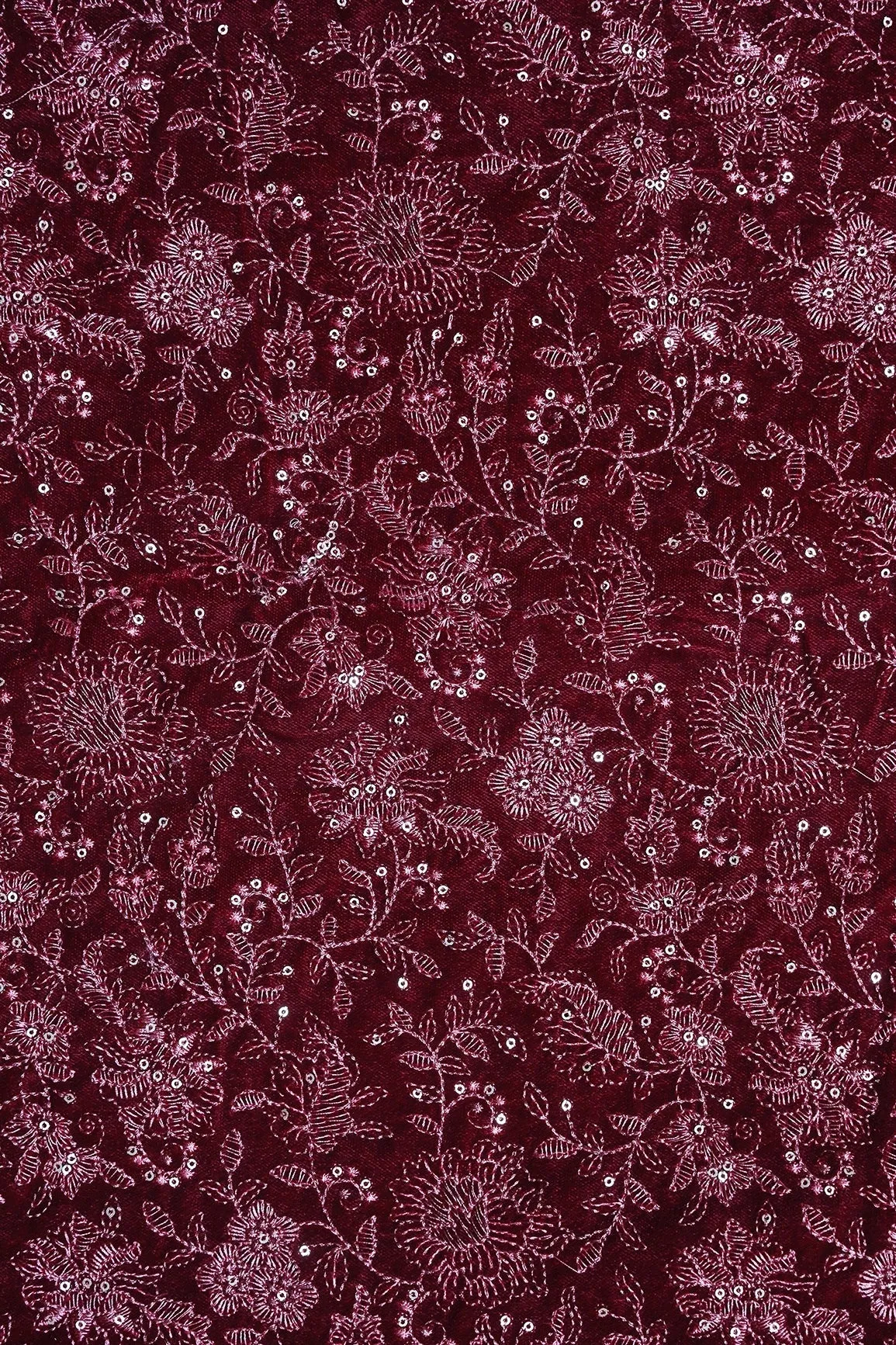 Maroon Thread With Gold Sequins Floral Embroidery Work On Maroon Velvet Fabric