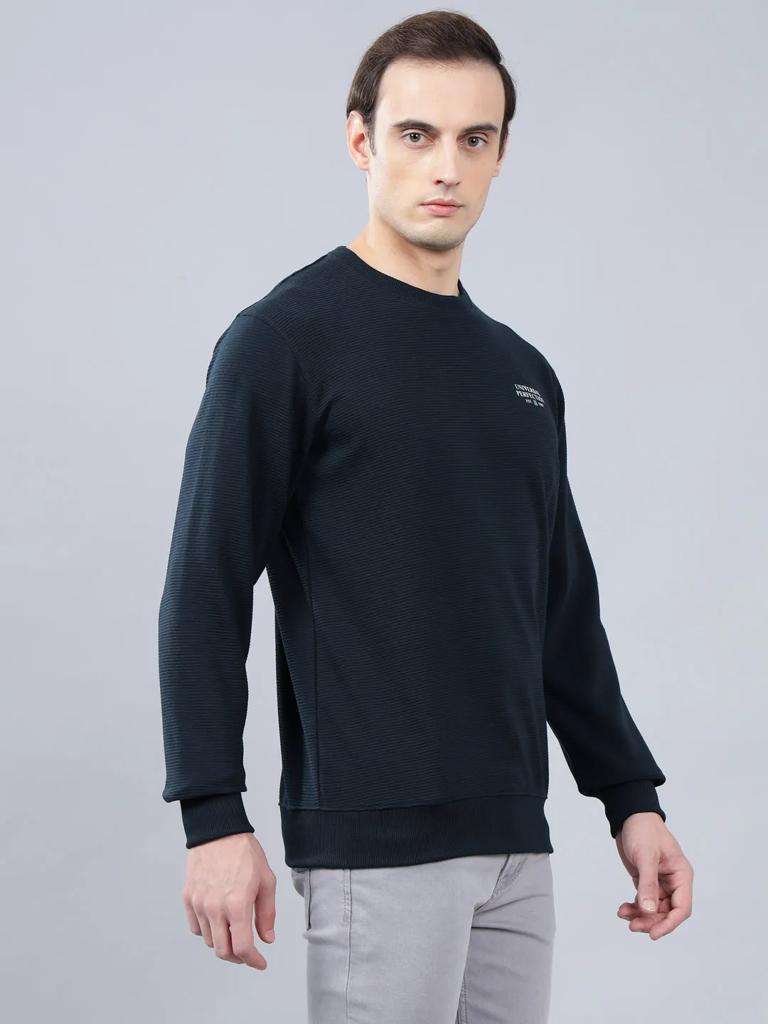 Men's Navy Blue Self Design Full Sleeves T-shirt For Winter