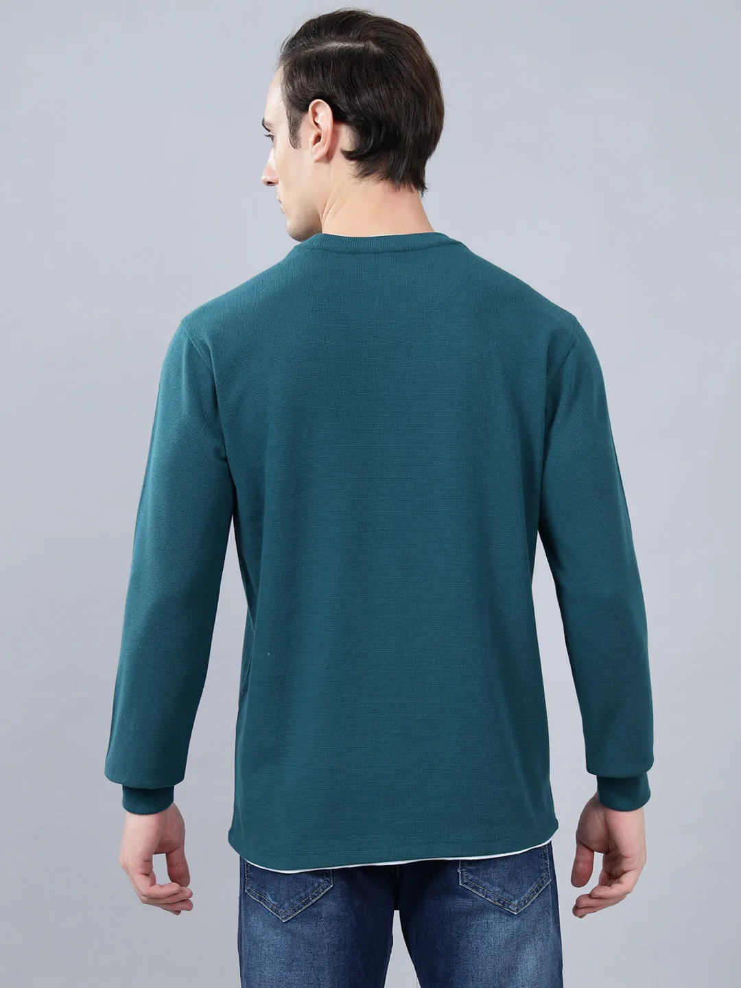 Men's Teal Self Design Full Sleeves T-shirt For Winter