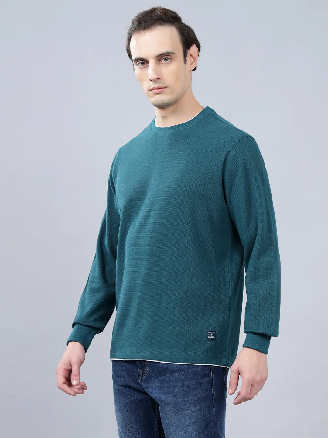 Men's Teal Self Design Full Sleeves T-shirt For Winter