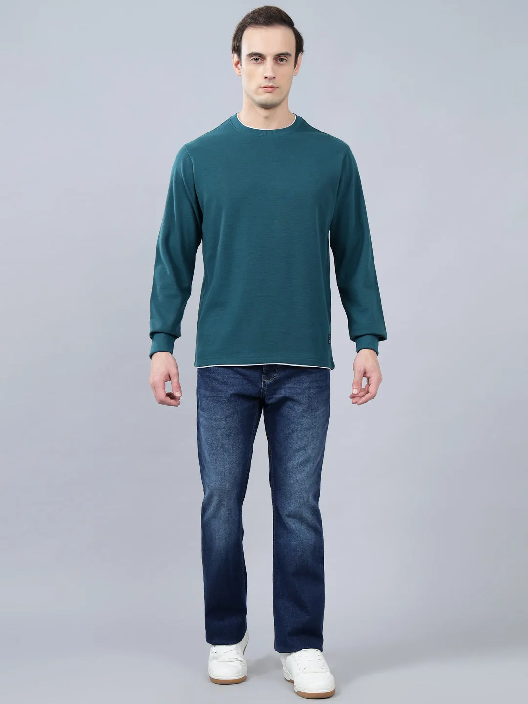 Men's Teal Self Design Full Sleeves T-shirt For Winter