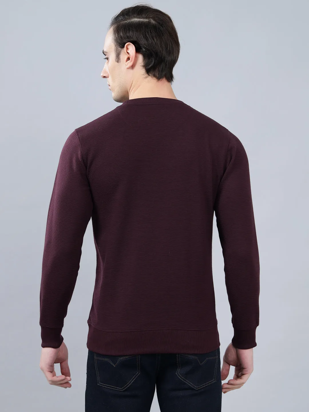Men's Wine Self Design Full Sleeves T-shirt For Winter