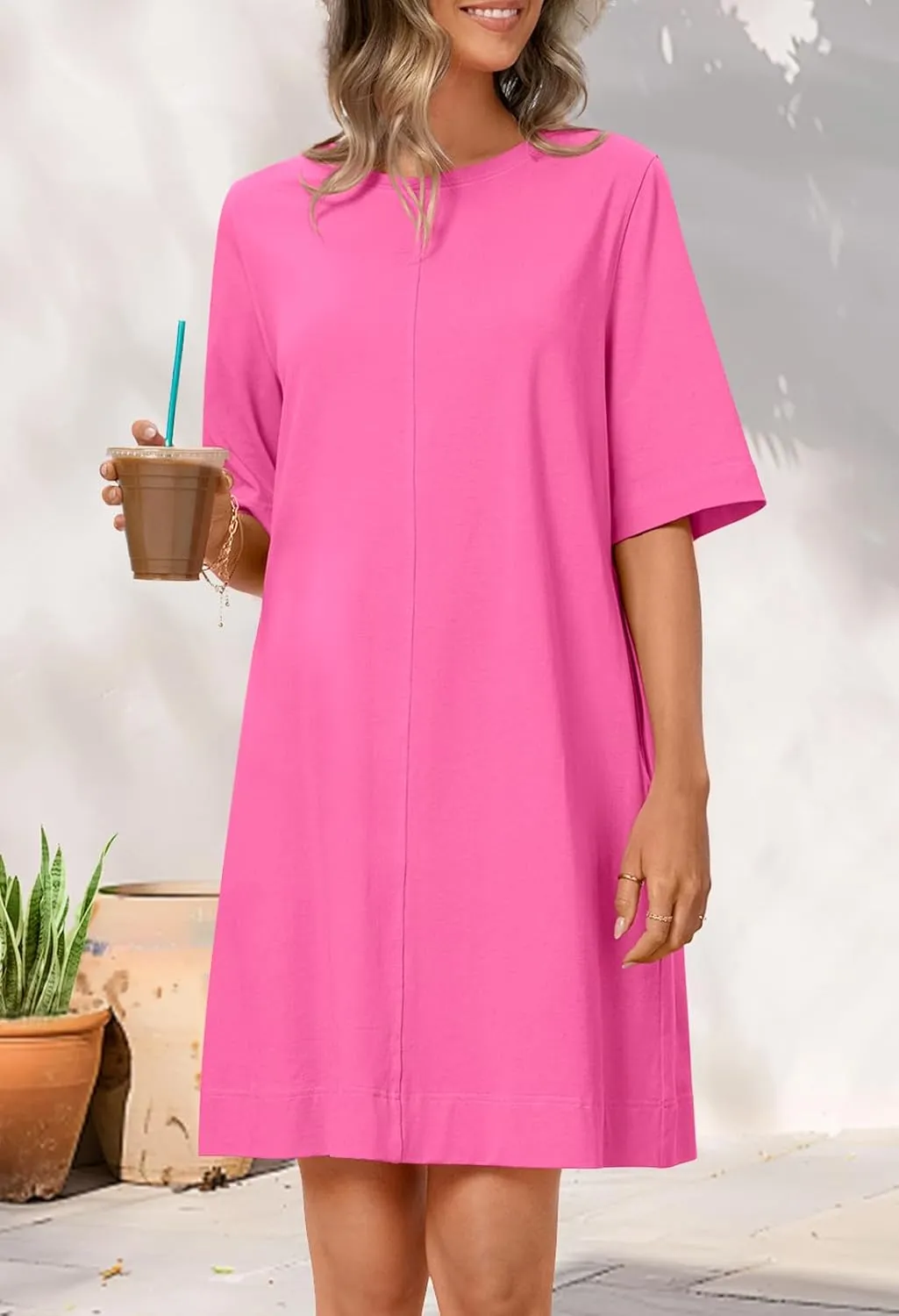 MEROKEETY Women's 2025 Summer Short Sleeve Dress Crewneck Casual Mini Tshirt Dresses with Pockets