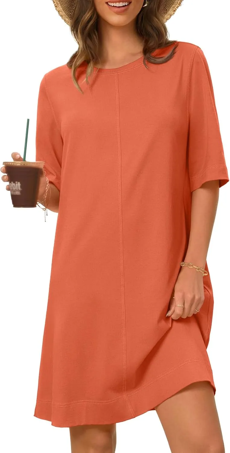 MEROKEETY Women's 2025 Summer Short Sleeve Dress Crewneck Casual Mini Tshirt Dresses with Pockets