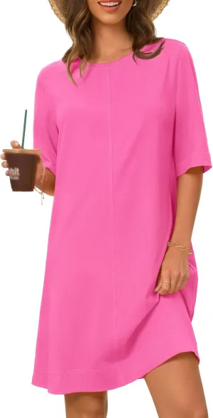 MEROKEETY Women's 2025 Summer Short Sleeve Dress Crewneck Casual Mini Tshirt Dresses with Pockets
