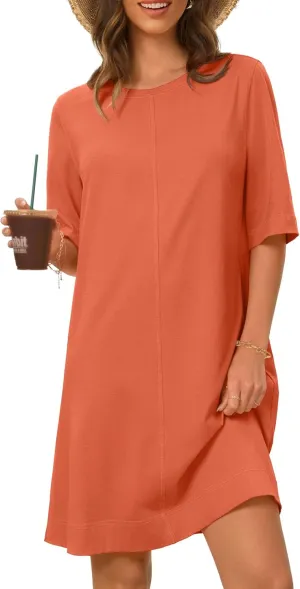 MEROKEETY Women's 2025 Summer Short Sleeve Dress Crewneck Casual Mini Tshirt Dresses with Pockets