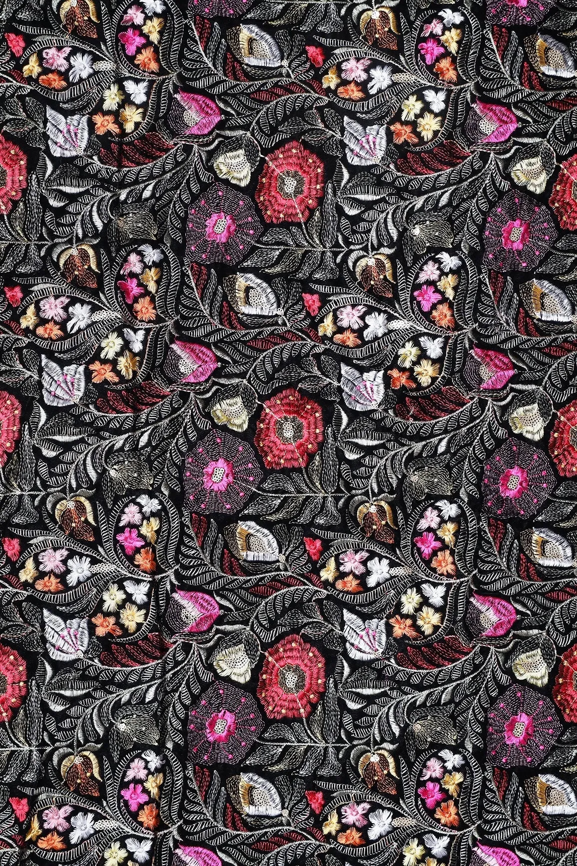 Multi Thread With Gold Sequins Floral Heavy Embroidery Work On Black Velvet Fabric