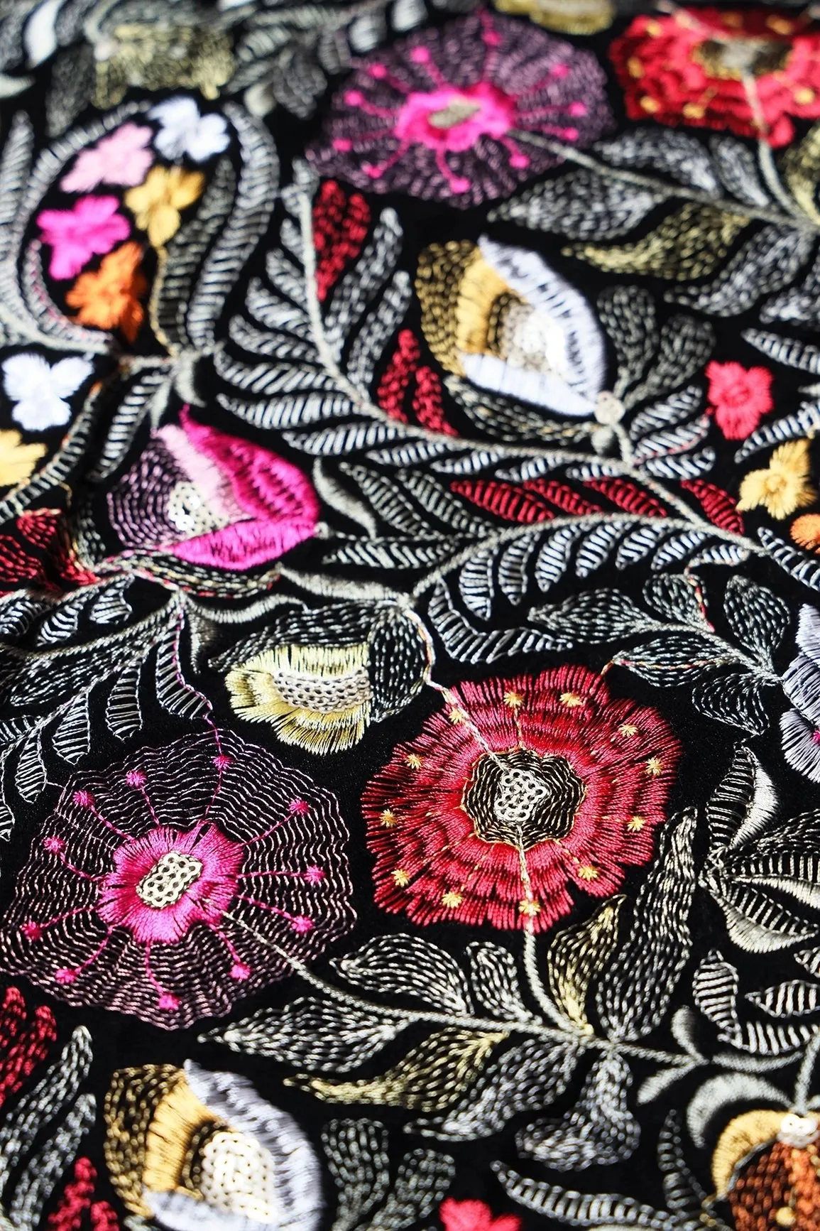 Multi Thread With Gold Sequins Floral Heavy Embroidery Work On Black Velvet Fabric
