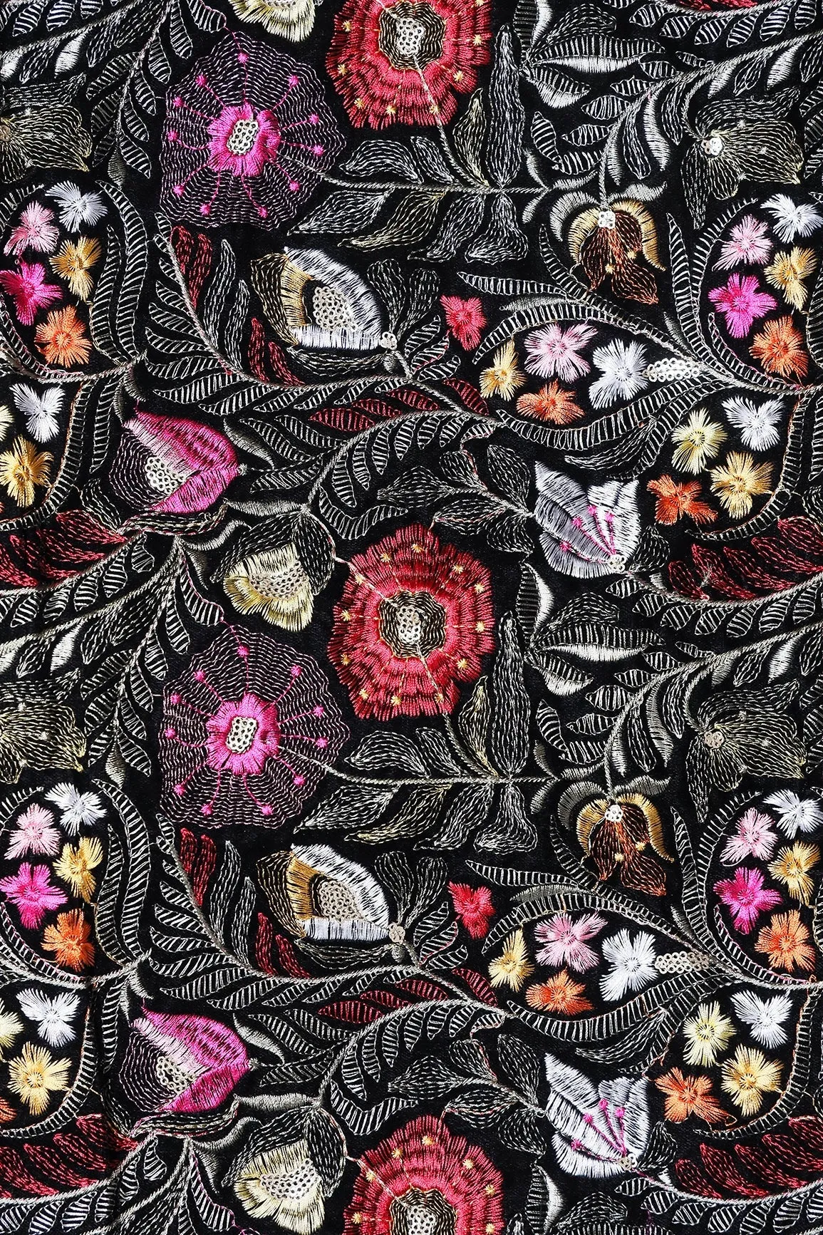 Multi Thread With Gold Sequins Floral Heavy Embroidery Work On Black Velvet Fabric
