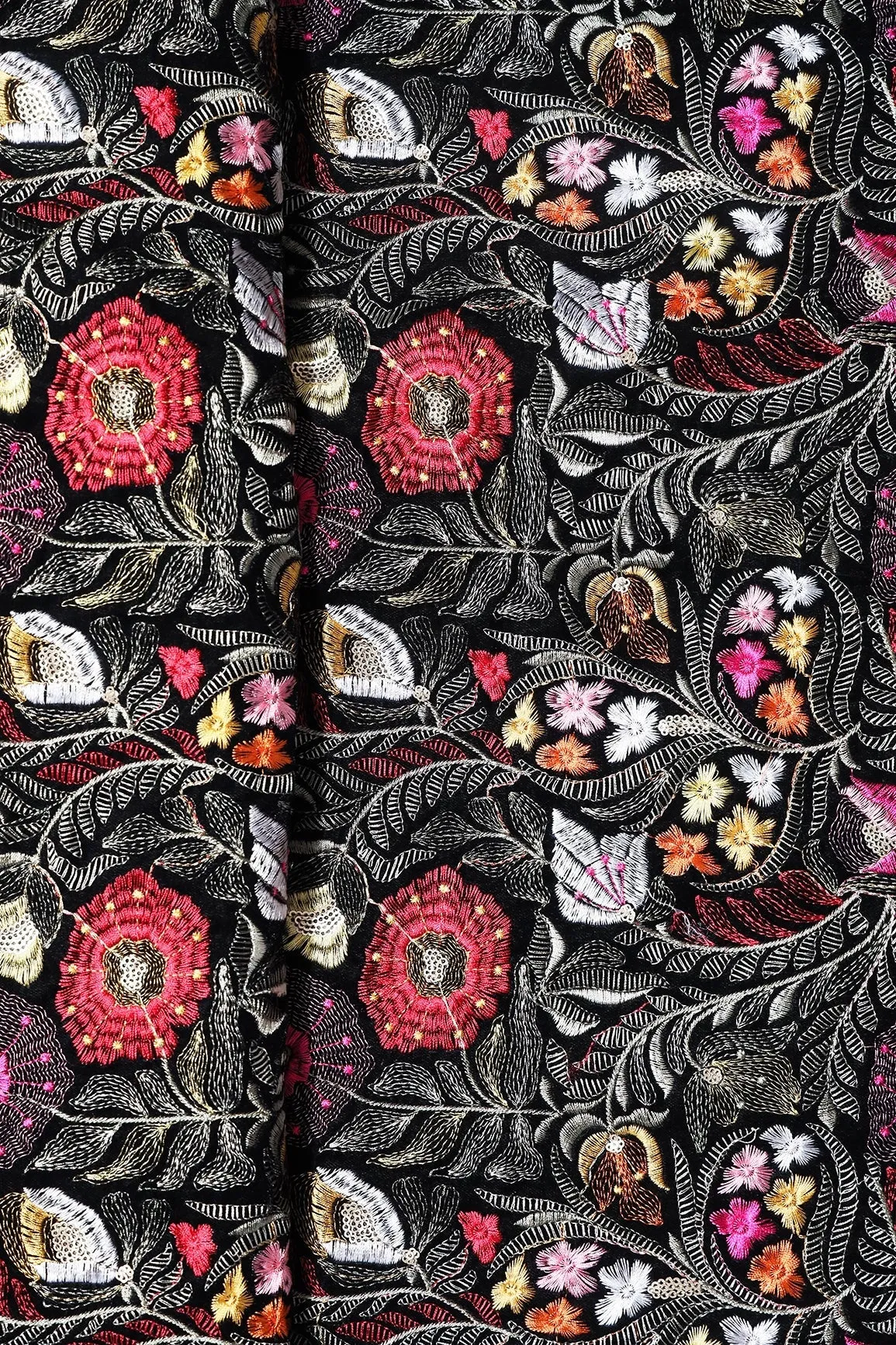 Multi Thread With Gold Sequins Floral Heavy Embroidery Work On Black Velvet Fabric