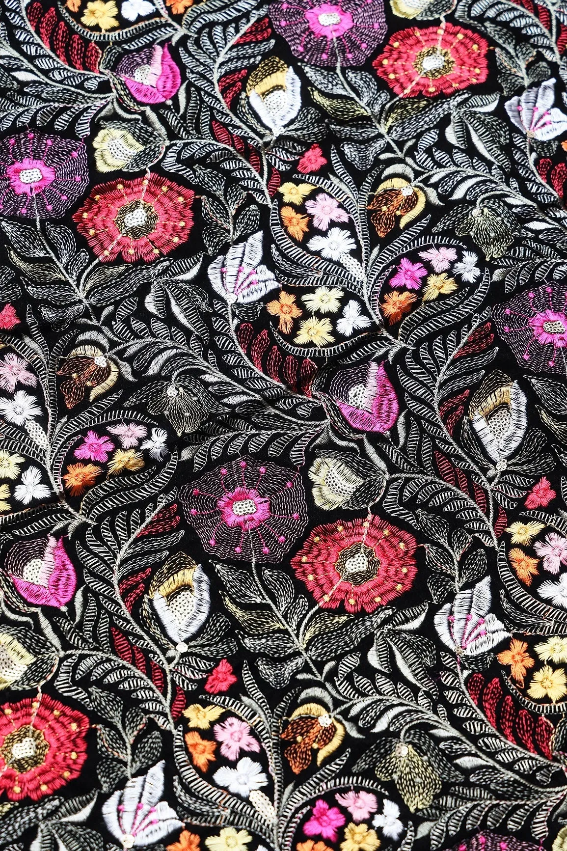 Multi Thread With Gold Sequins Floral Heavy Embroidery Work On Black Velvet Fabric