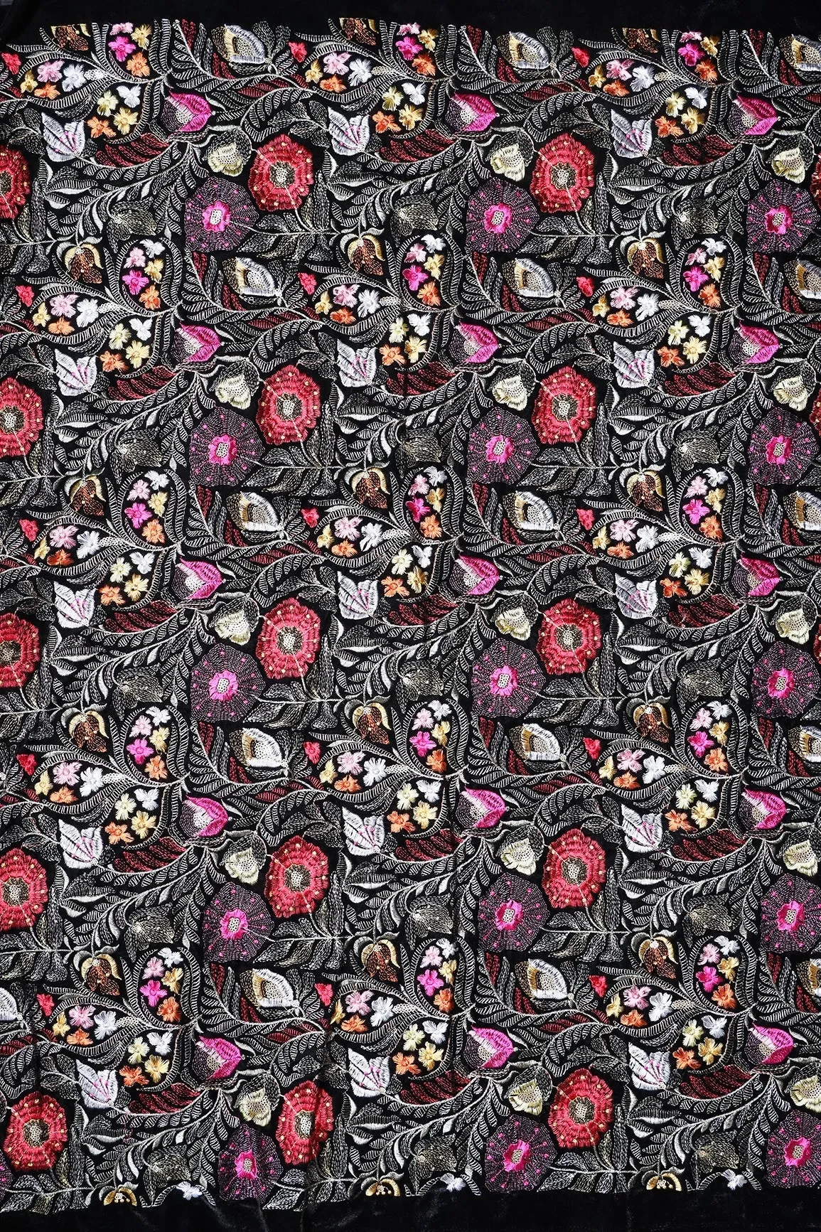 Multi Thread With Gold Sequins Floral Heavy Embroidery Work On Black Velvet Fabric