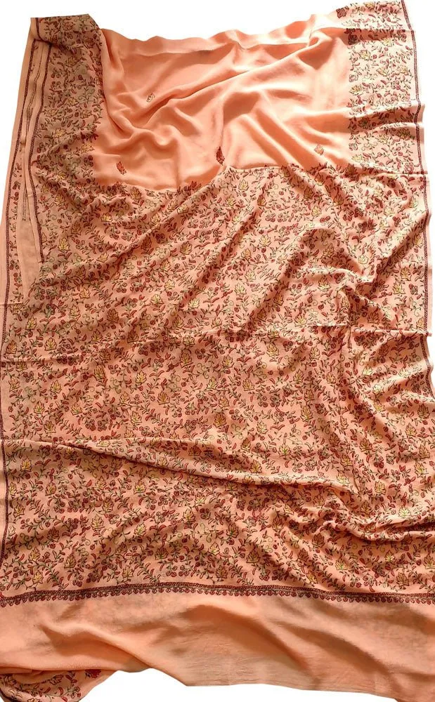 Orange Embroidered Kashmiri Sozni Work Crepe Flower Design Saree