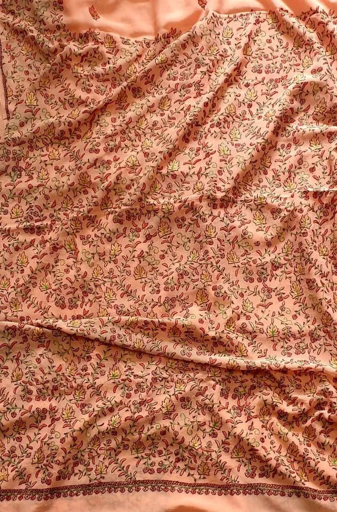Orange Embroidered Kashmiri Sozni Work Crepe Flower Design Saree