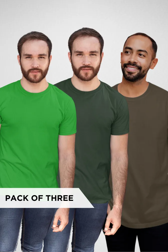 Pack Of 3 Plain T-shirts Bottle Green Flag Green and Olive Green for Men