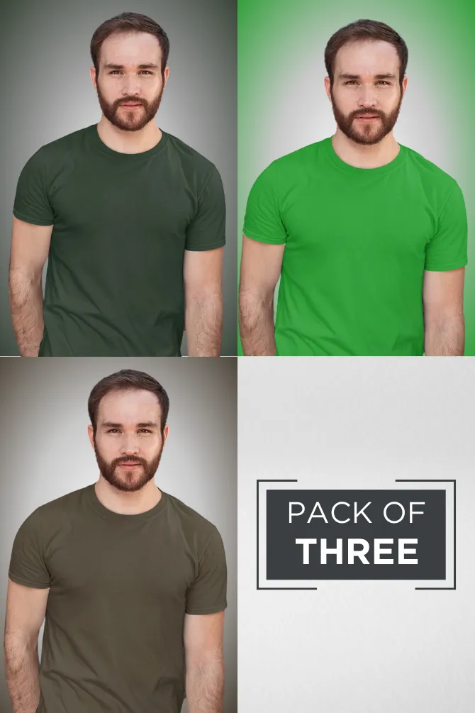Pack Of 3 Plain T-shirts Bottle Green Flag Green and Olive Green for Men