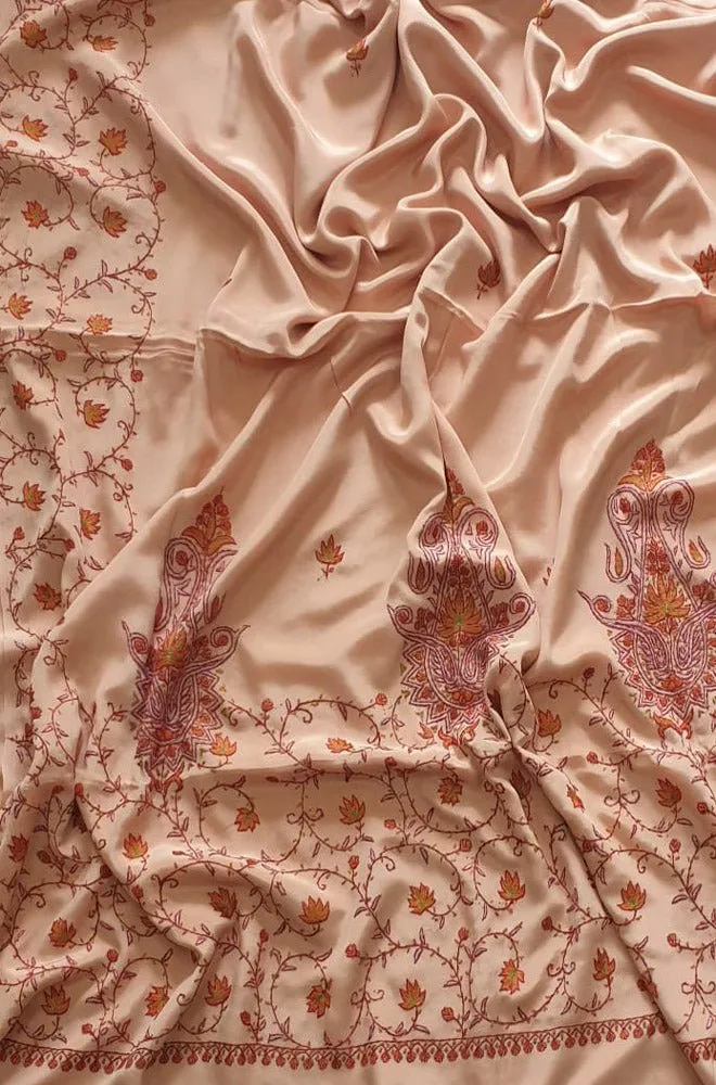 Pastel Embroidered Kashmiri Sozni Work Crepe Flower Design Saree