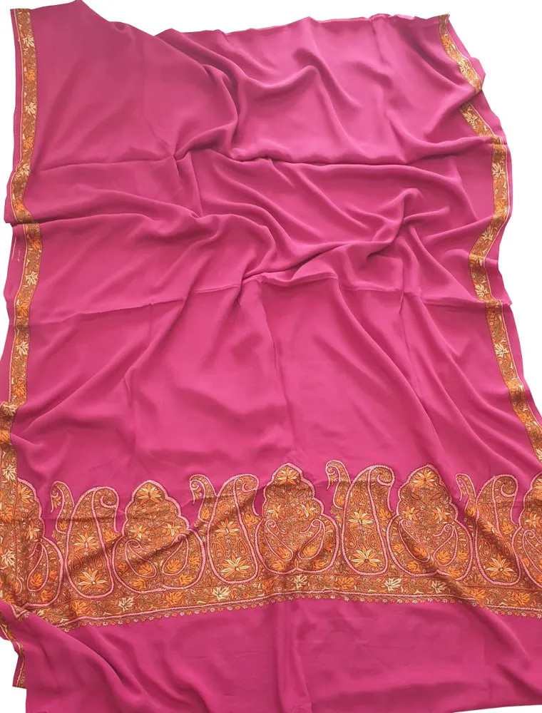 Pink Embroidered Kashmiri Sozni Work Crepe Flower Design Saree