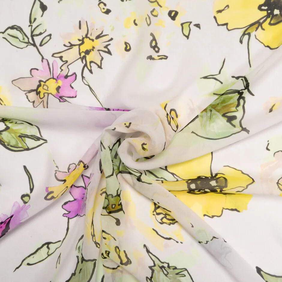 Purple & Yellow Floral Printed White Pure Silk Georgette ( A 2.80m Piece)