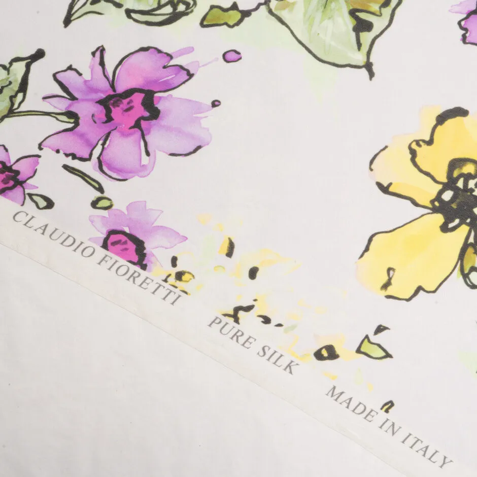 Purple & Yellow Floral Printed White Pure Silk Georgette ( A 2.80m Piece)