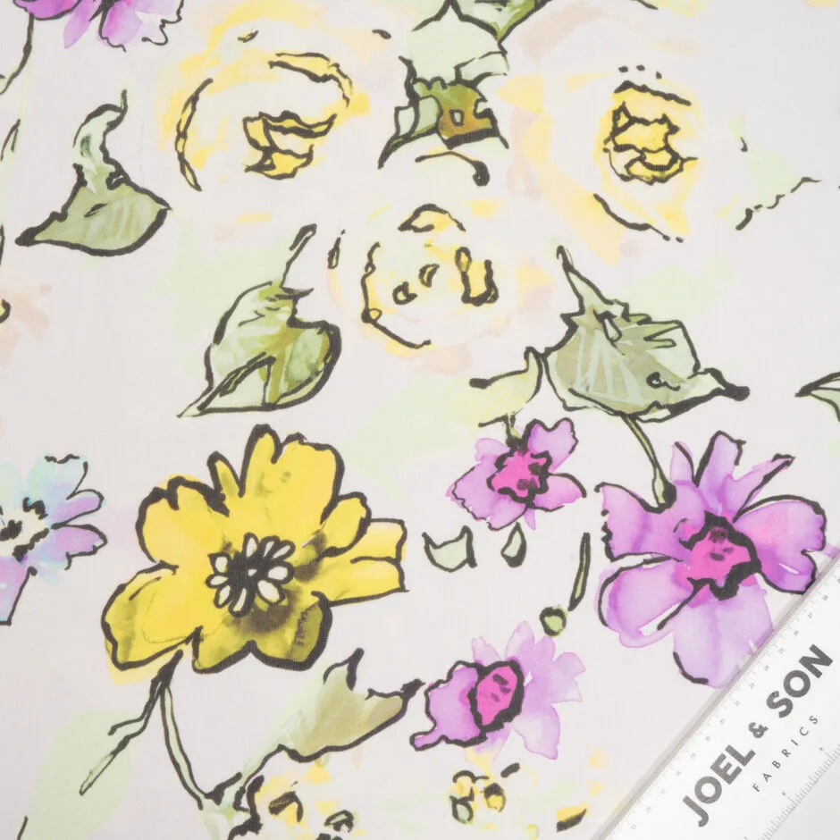 Purple & Yellow Floral Printed White Pure Silk Georgette ( A 2.80m Piece)