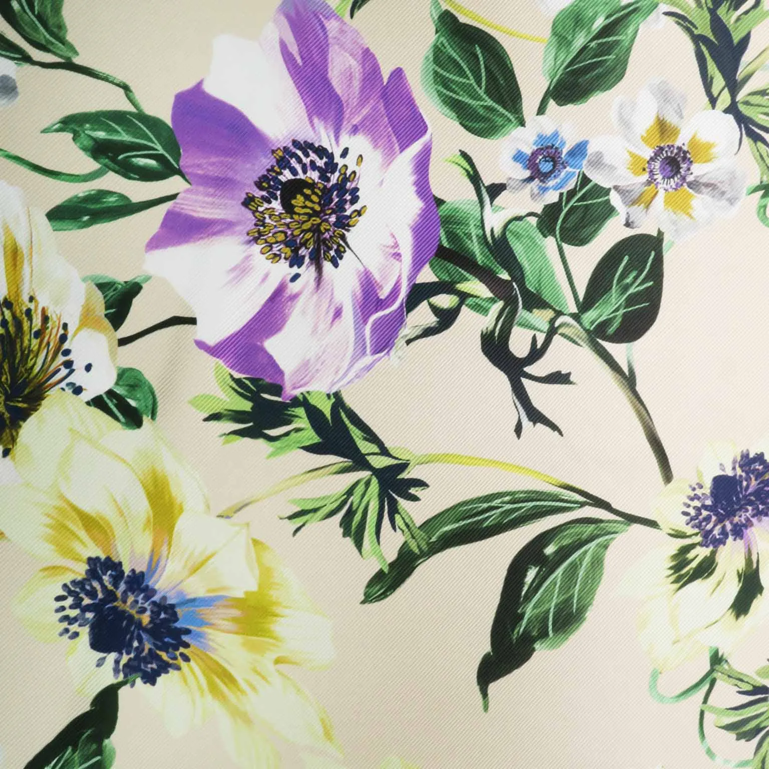 Purple and Yellow Floral on Beige Background Printed Polyester Mikado Fabric