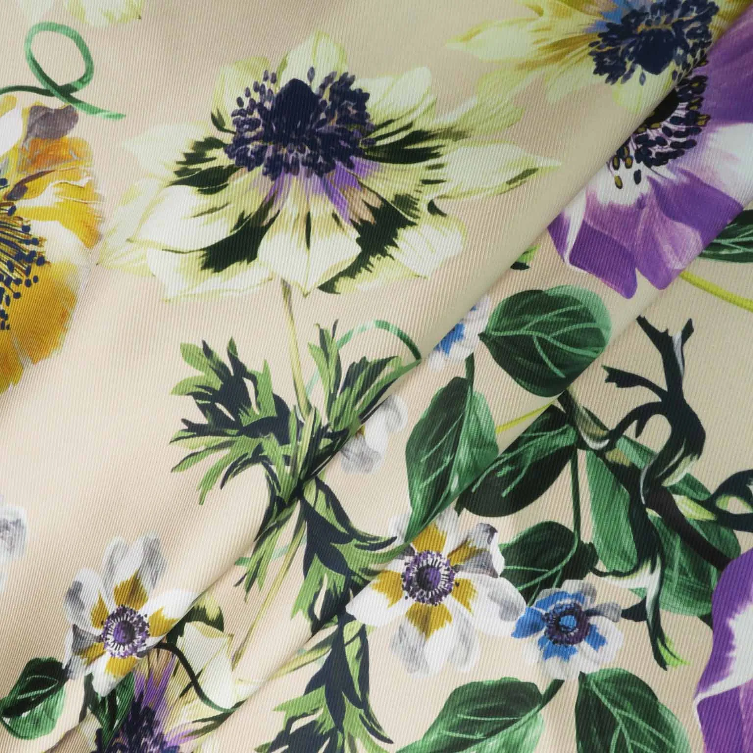Purple and Yellow Floral on Beige Background Printed Polyester Mikado Fabric