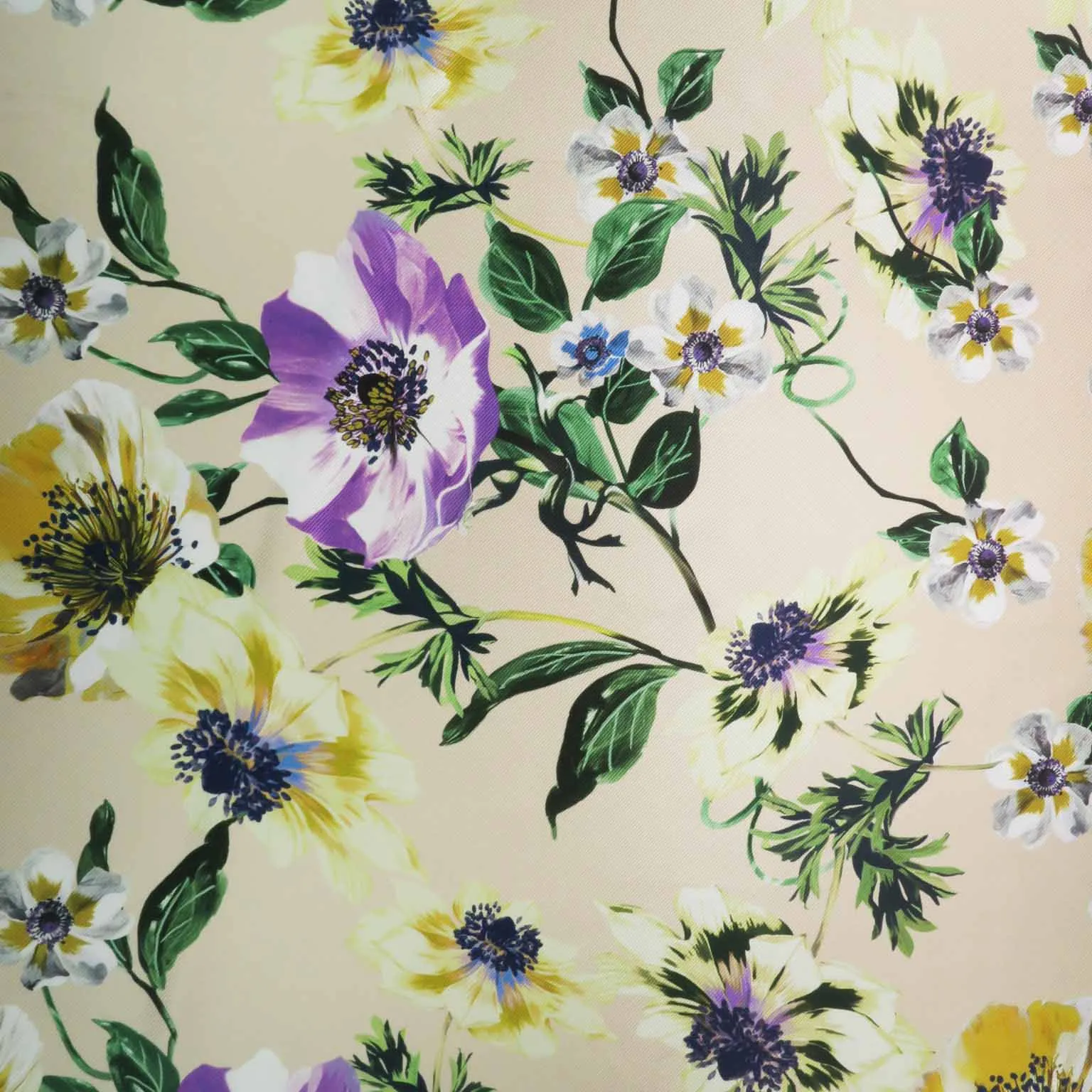 Purple and Yellow Floral on Beige Background Printed Polyester Mikado Fabric