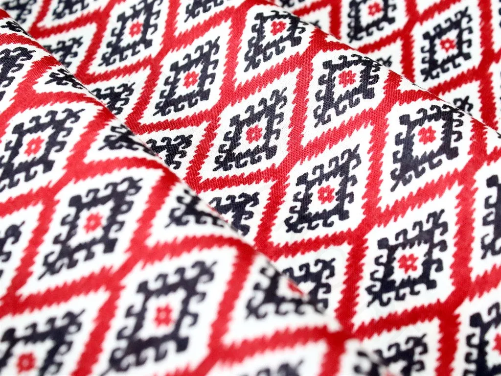 Red Black Geometric Pure Cotton Fabric
