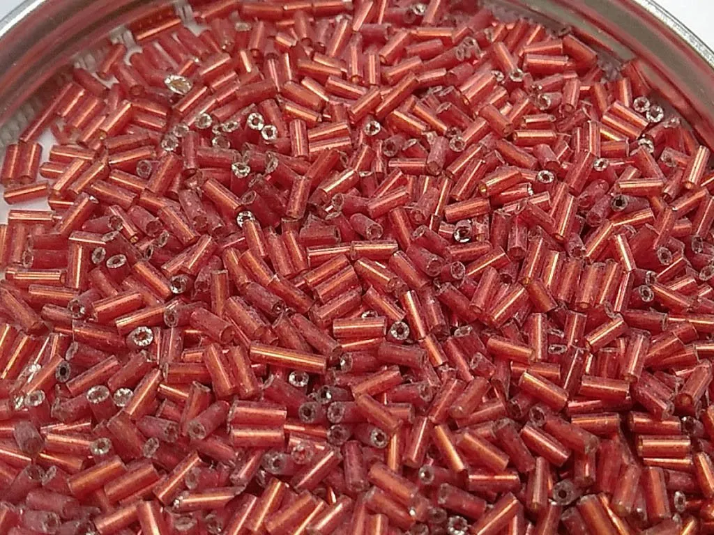 Red Transparent Silverline Pipe / Bugle Glass Seed Beads