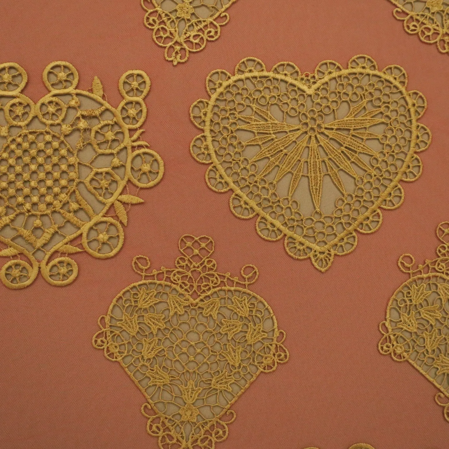 Red Tulle with Gold Floral Design Embroidered  Fabric