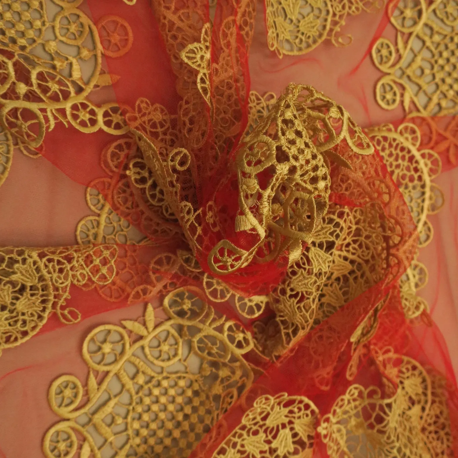 Red Tulle with Gold Floral Design Embroidered  Fabric