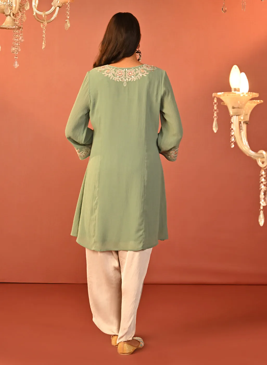 Rida Sea Green Embroidered Chiffon Co-ord Set for Women
