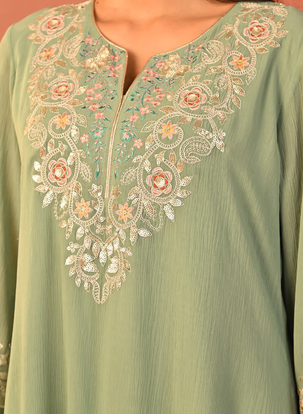 Rida Sea Green Embroidered Chiffon Co-ord Set for Women