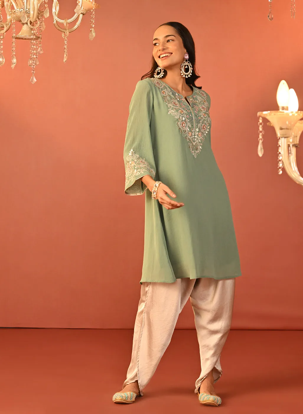 Rida Sea Green Embroidered Chiffon Co-ord Set for Women