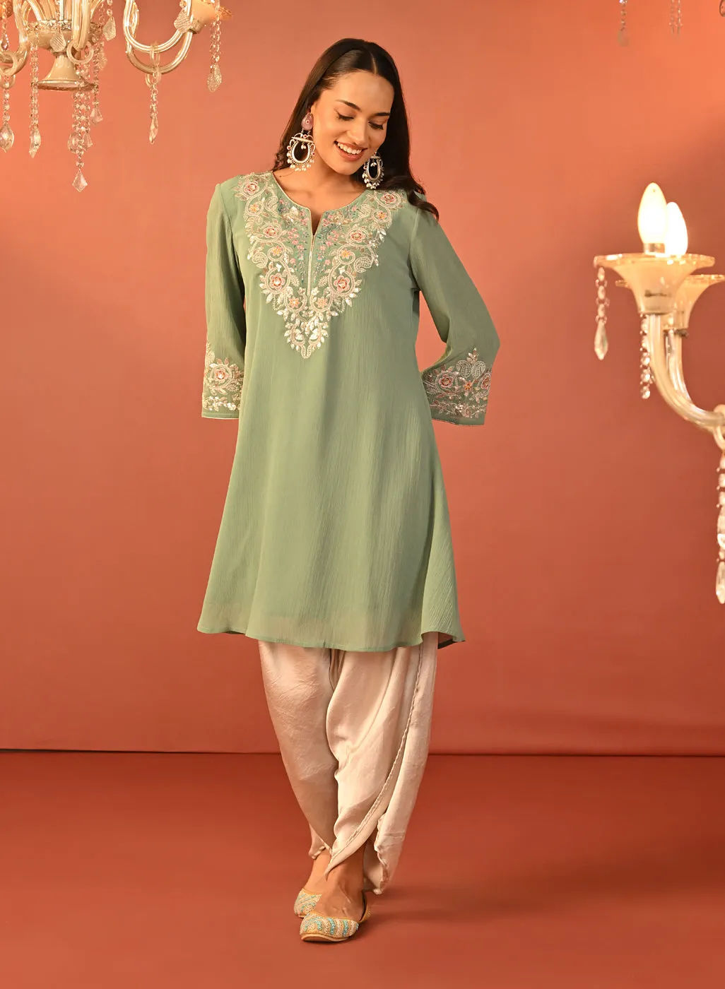 Rida Sea Green Embroidered Chiffon Co-ord Set for Women