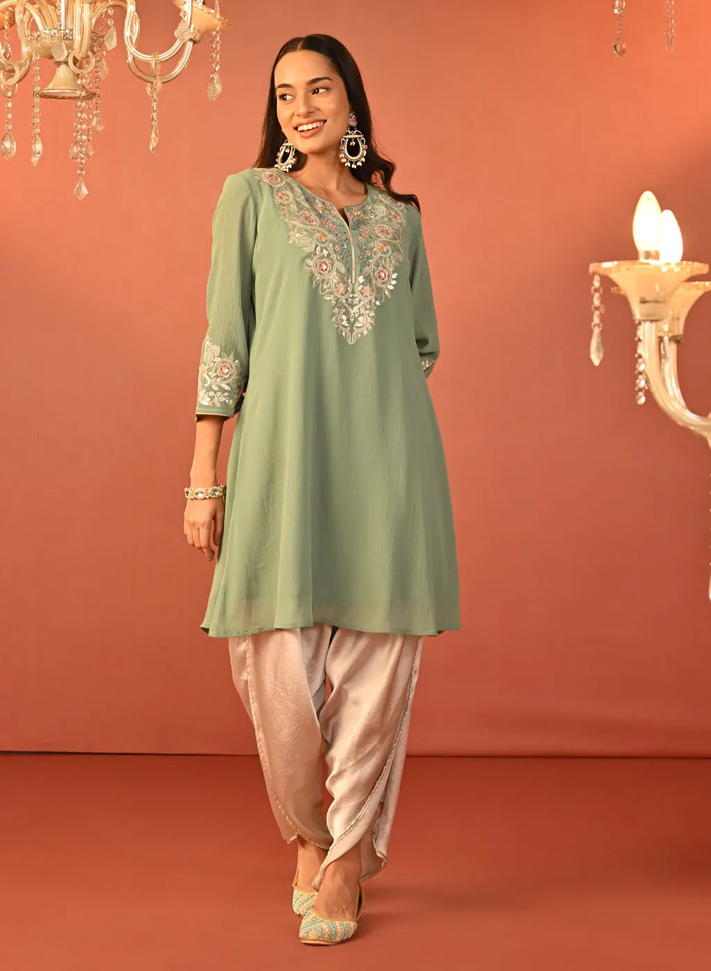 Rida Sea Green Embroidered Chiffon Co-ord Set for Women