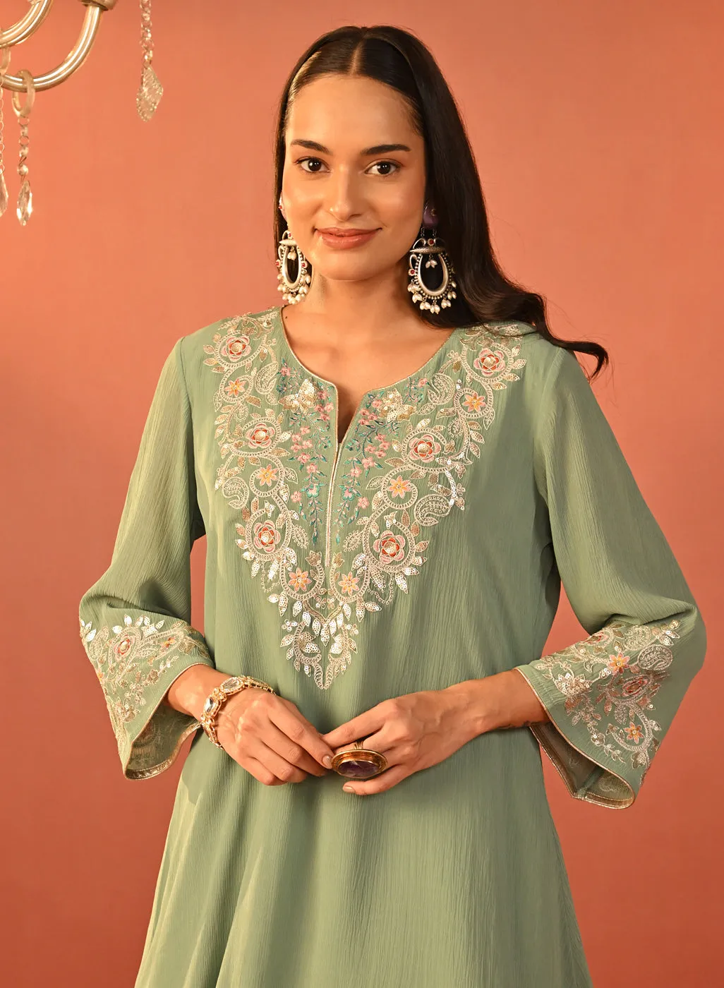 Rida Sea Green Embroidered Chiffon Co-ord Set for Women