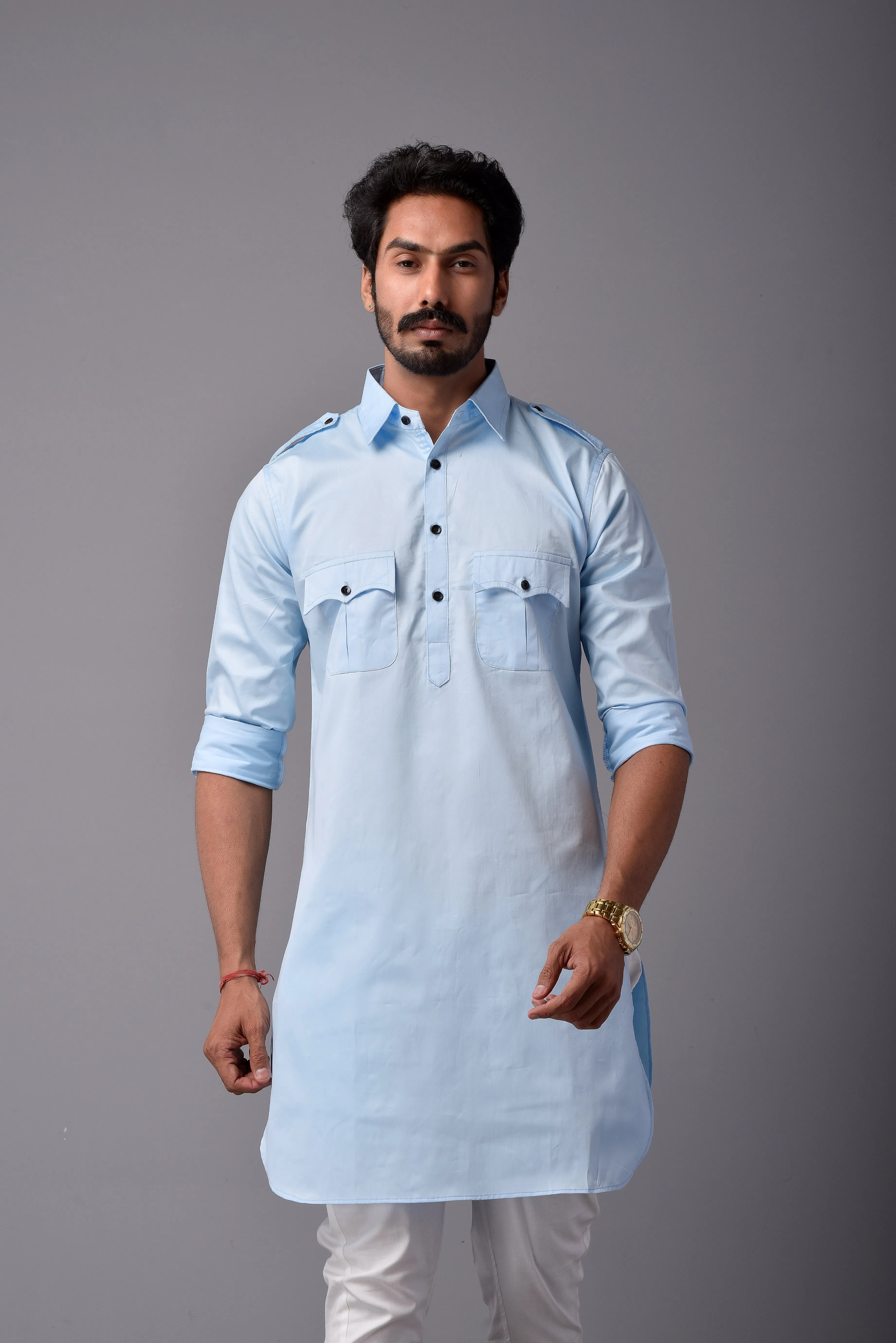 Sky Blue Short Hunting Style Kurta-Pajama set