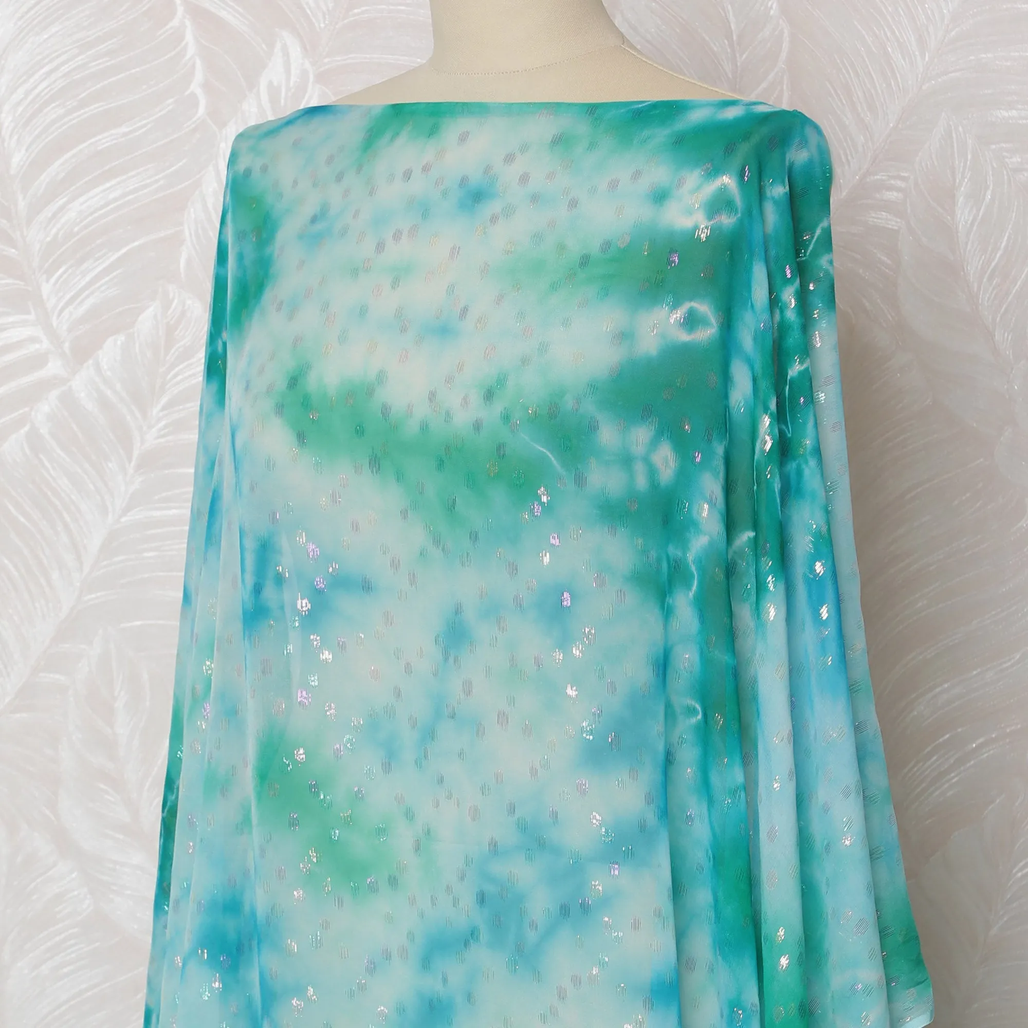 Traditional Somali Dirac Fabric in Pure Silk Chiffon with Metallic Lurex, Blue and Green Tie-Dye, 3.5 Meters, 140 cm Width-D19891