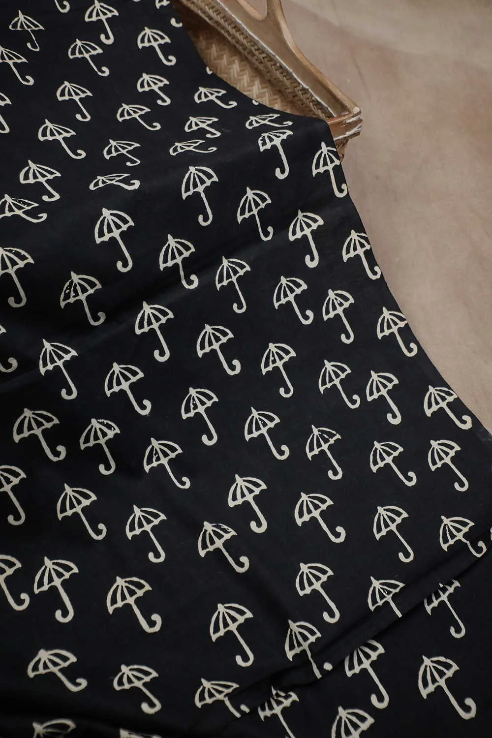 Umbrella on Black Bagru Cotton Fabric
