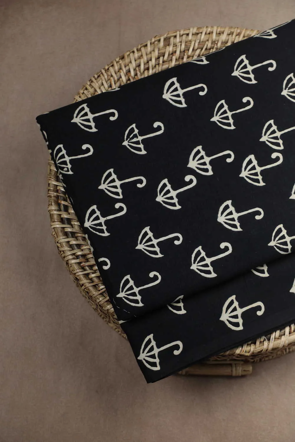 Umbrella on Black Bagru Cotton Fabric