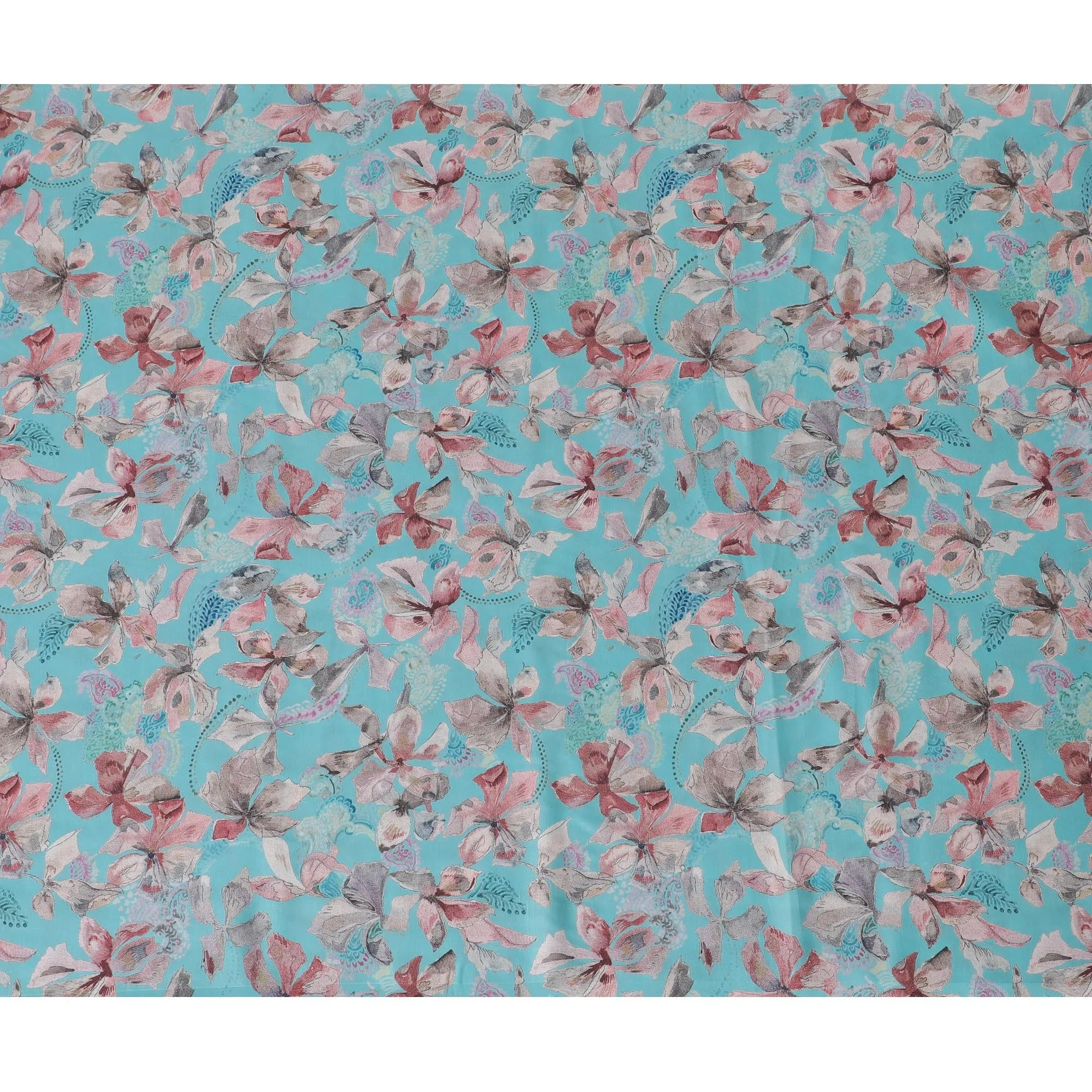 Vibrant Turquoise Blended Cotton Lawn Fabric - Pink Floral Pattern, 140 cms Width-D19161